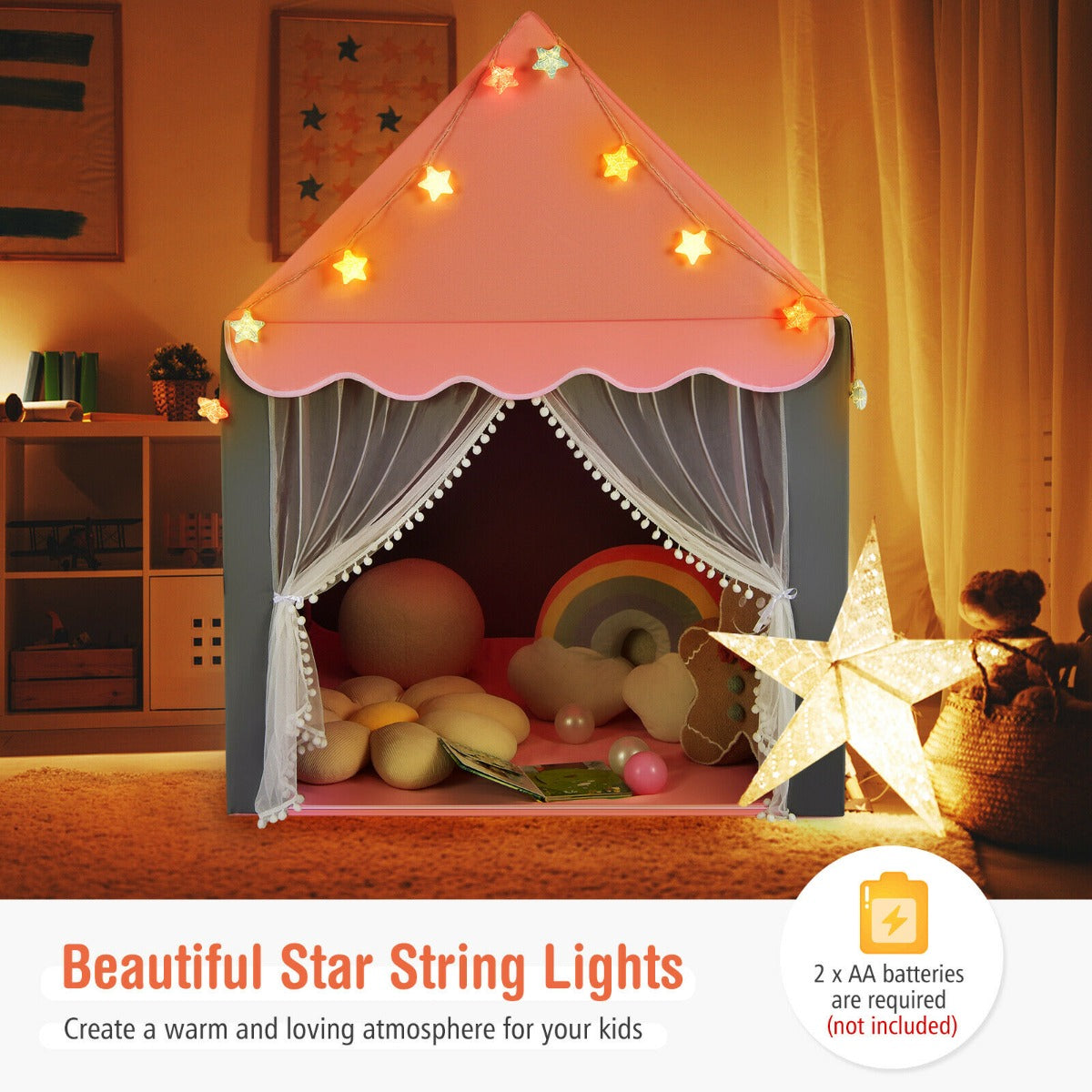 Large Kids Play House with Washable Mat and Star Lights-Pink