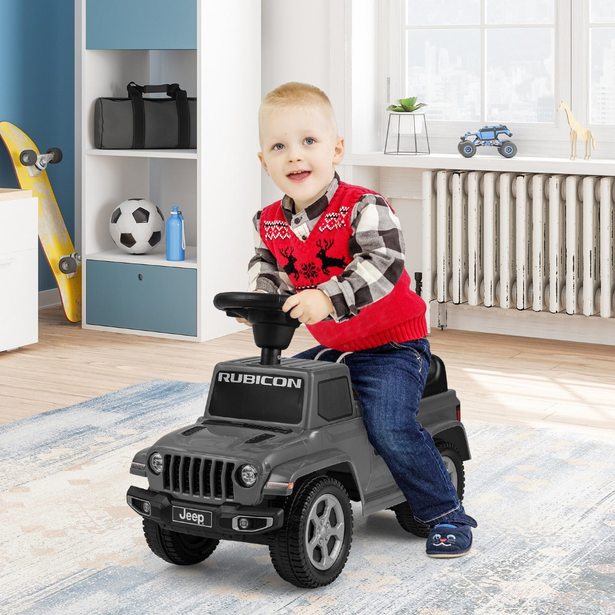 Licensed Jeep Ride On Push Car with Steering Wheel and Engine Sound for Ages 18-36 Months-Grey