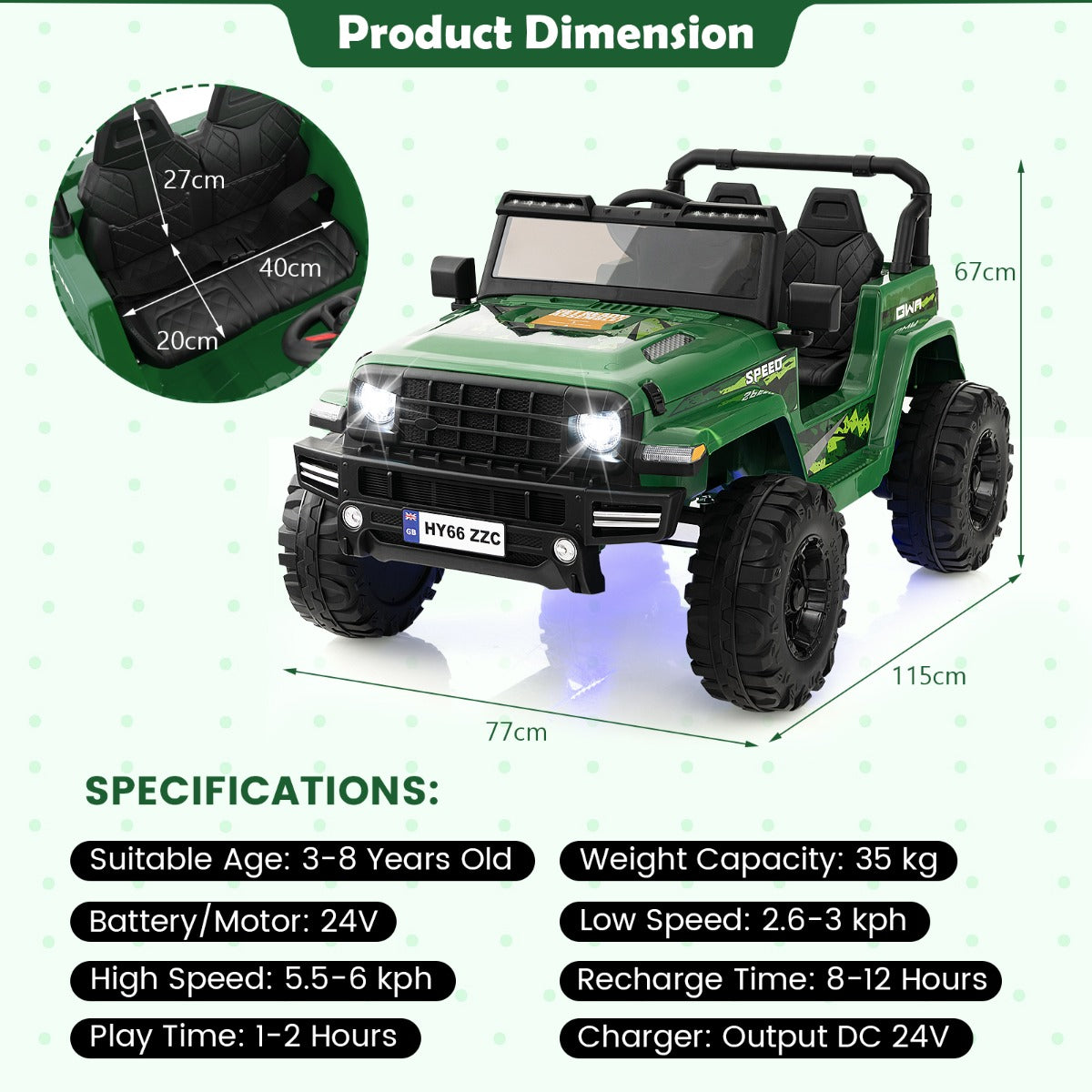 2-Seater Ride-on Car with Parent Remote Control-Green