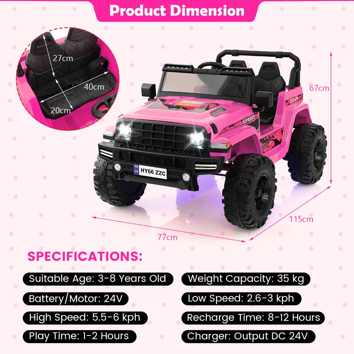 2-Seater Ride-on Car with Parent Remote Control-Pink