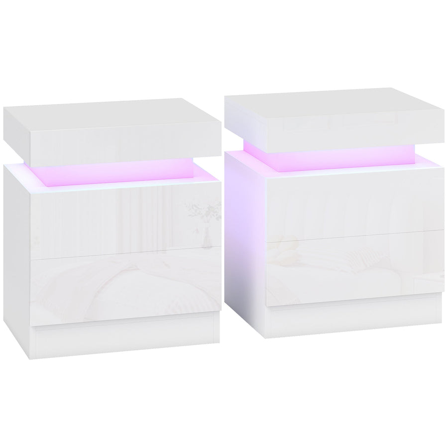 HOMCOM White Bedside Table with LED Light, High Gloss Front Nightstand with 2 Drawers, for Living Room, Bedroom, Set of 2