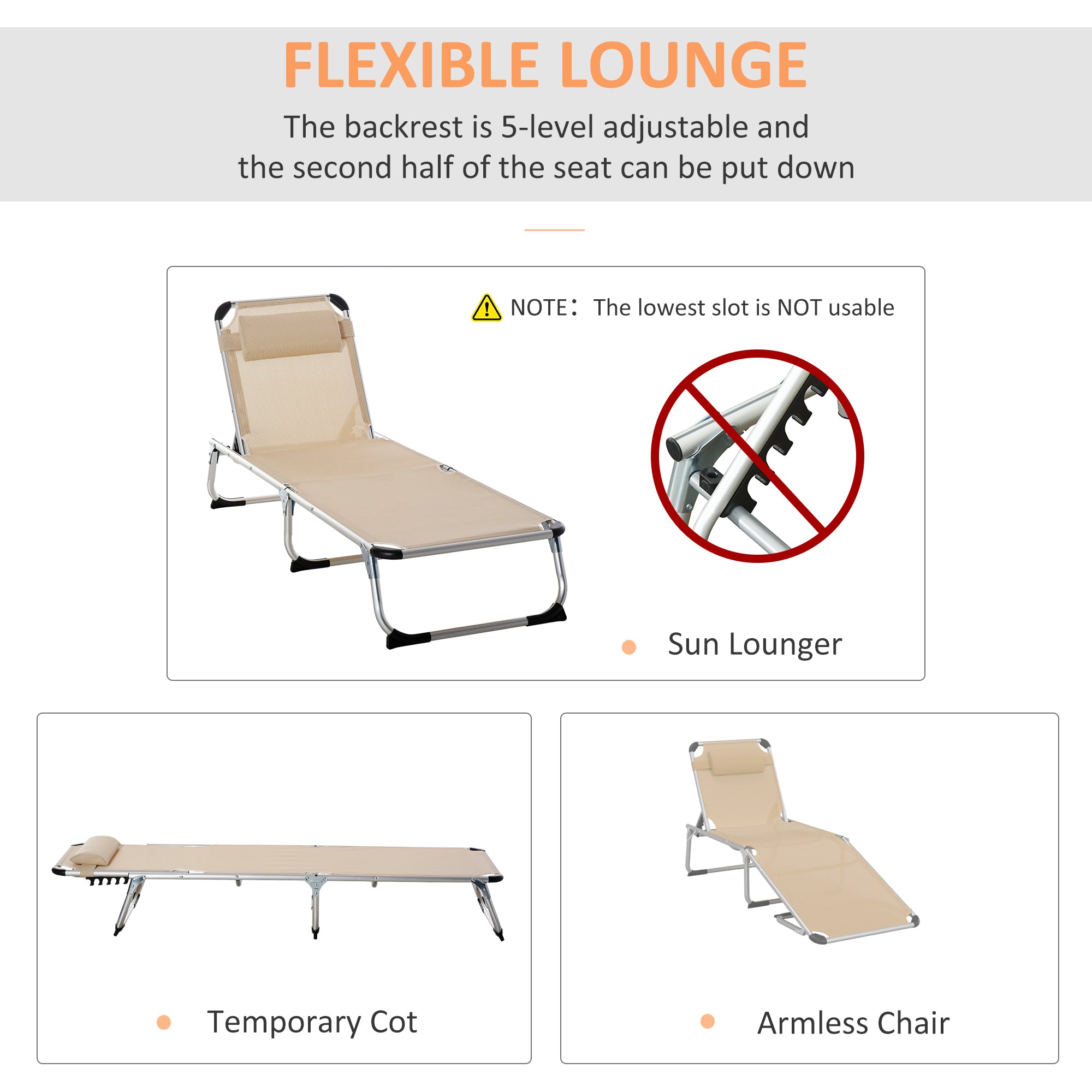 Outsunny Foldable Outdoor Sun Loungers Set of 2, Reclining Lounge Chair Camping Bed Cot with Pillow 4-Level Adjustable Back Aluminium Frame, Khaki