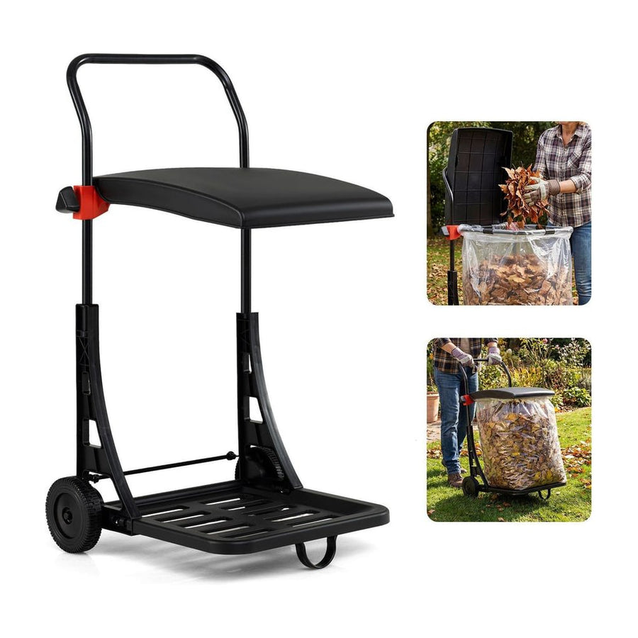 Trash Bag Holder with wheels, a black metal frame with a lid and a large plastic bag attached