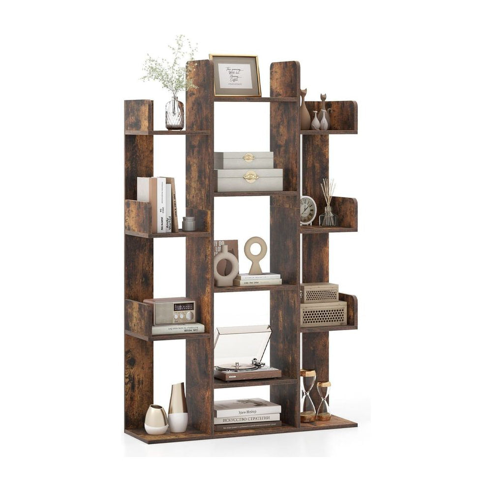 Tree Bookshelf Corner Books Storage Organizer with 13 open shelves in rustic brown