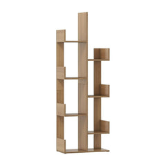 Tree-Shaped Bookshelf with 8 Storage Shelves in natural wood finish, a tall vertical unit with staggered shelves