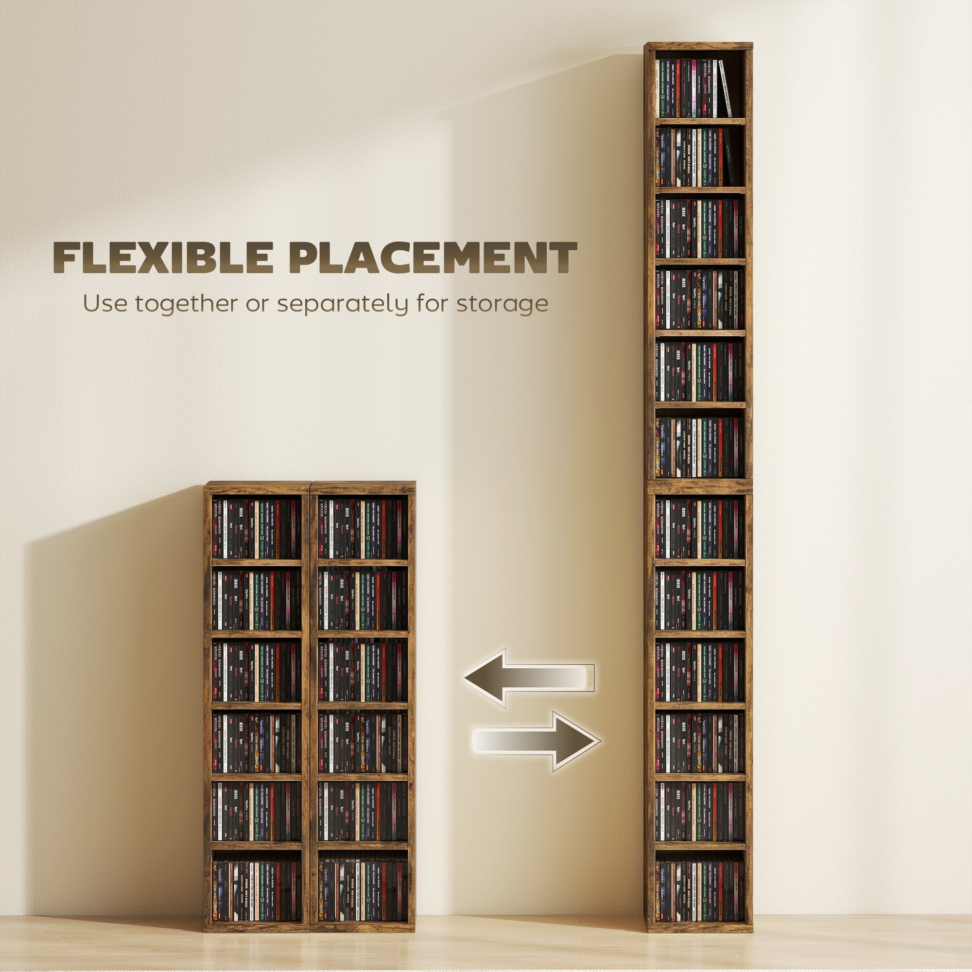 HOMCOM Set of 2 CD Media Display Shelf Unit Tower Rack with Adjustable Shelves, Rustic Brown
