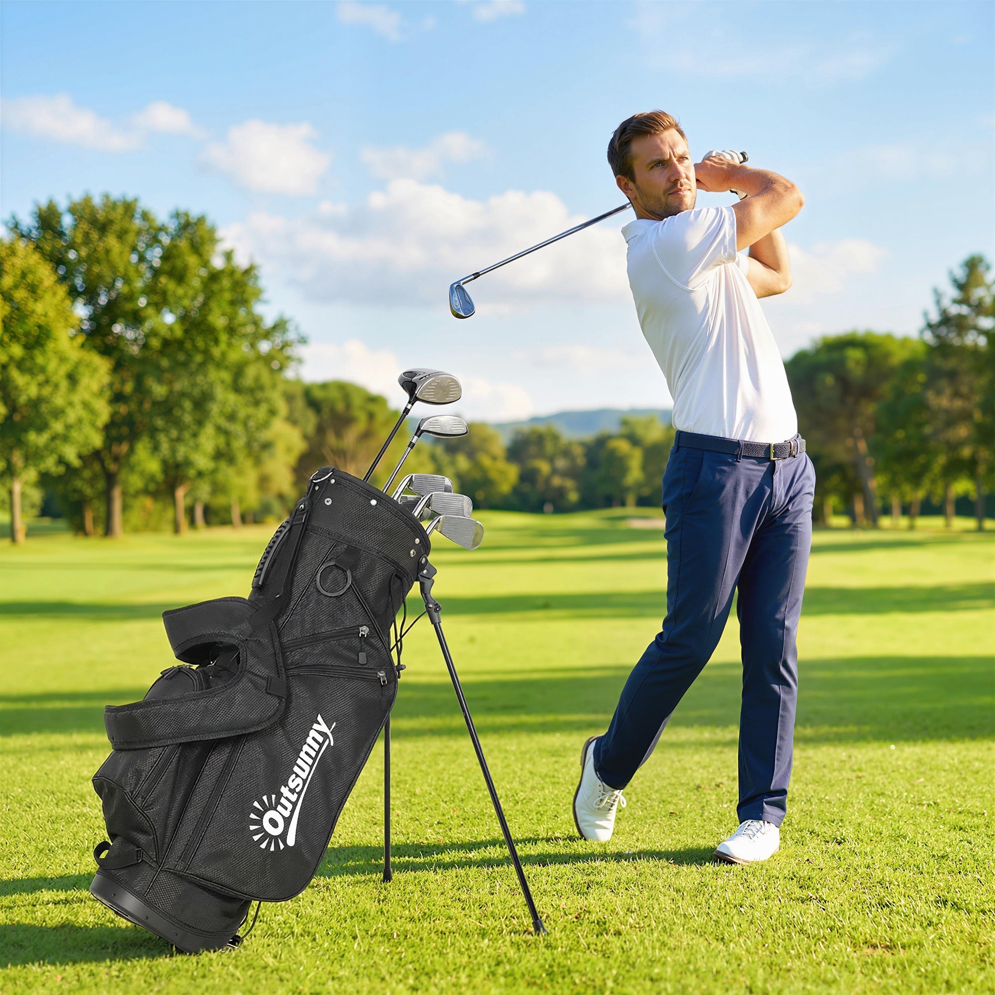 Outsunny Golf Stand Bag 6 Way Full-Length Dividers, Waterproof Golf Bag with 5 Pockets, Grey