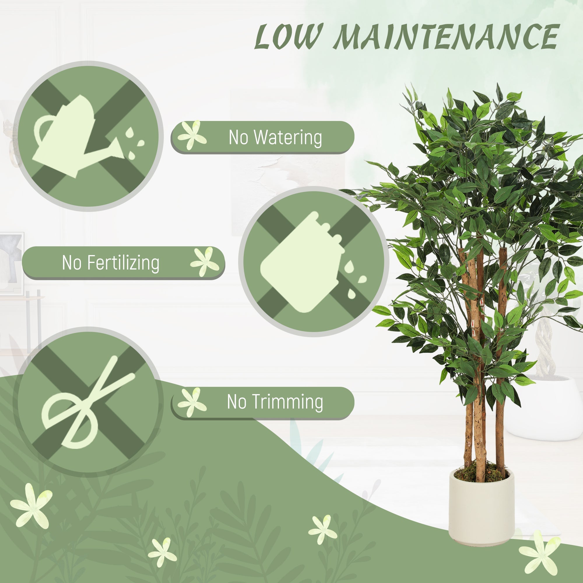 HOMCOM 120cm Artificial Ficus Tree, Fake Potted Tree with Solid Wood Trunk and Pot for Indoor, Green