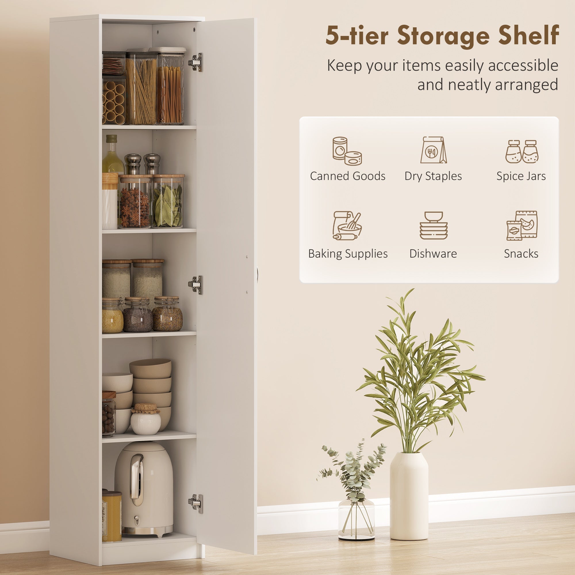 HOMCOM 180cm Tall Kitchen Cupboard, Freestanding 5-Tier Pantry Storage Cabinet with Adjustable Shelf, White