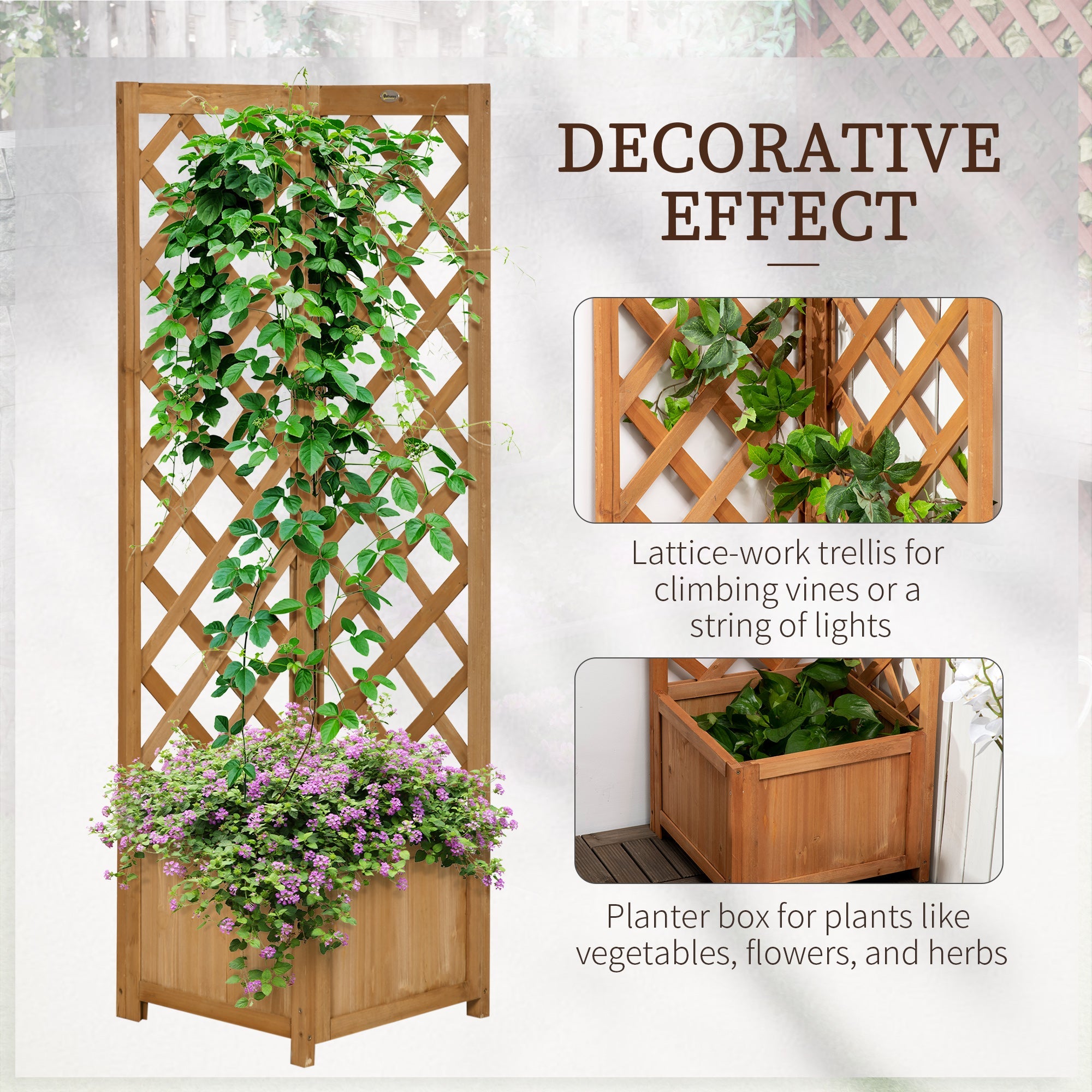 Outsunny Wooden Planter with Corner Trellis, Freestanding Raised Garden Bed with Drainage Bottom, Outdoor Planter Box, Brown