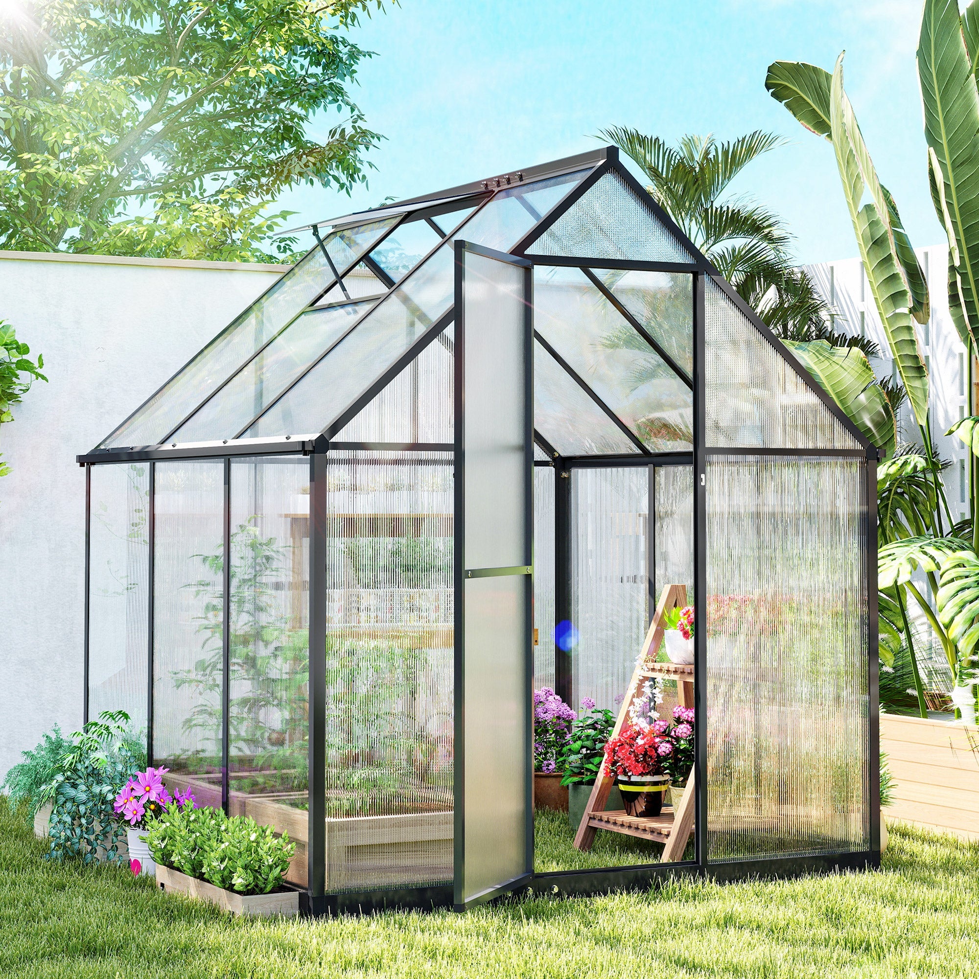 Outsunny Polycarbonate Greenhouse with Swing Door and Adjustable Window, Walk-in Greenhouse with Rain Gutter, 6 x 6.5ft, Black