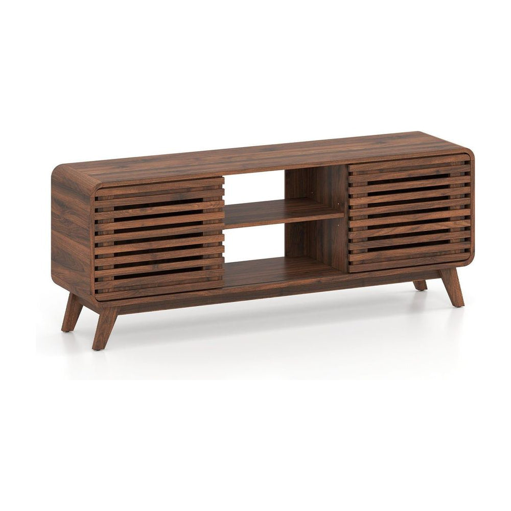 TV Stand for 65" TVs Mid Century Modern Entertainment Center-Walnut, a walnut finish entertainment center with slatted doors