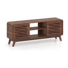 TV Stand for 65" TVs Mid Century Modern Entertainment Center-Walnut, a walnut finish entertainment center with slatted doors
