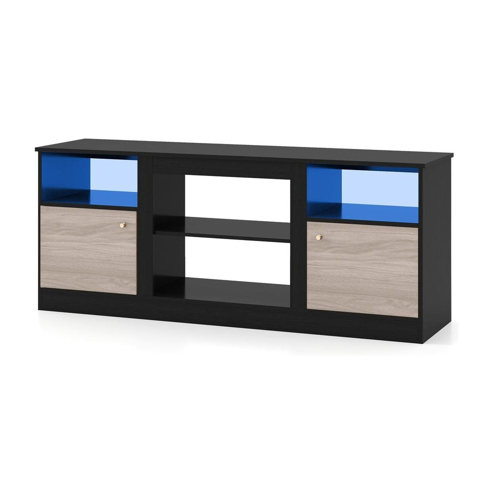 TV Stand with Adjustable Shelf and Open Compartment in black with wood effect doors and blue LED lighting