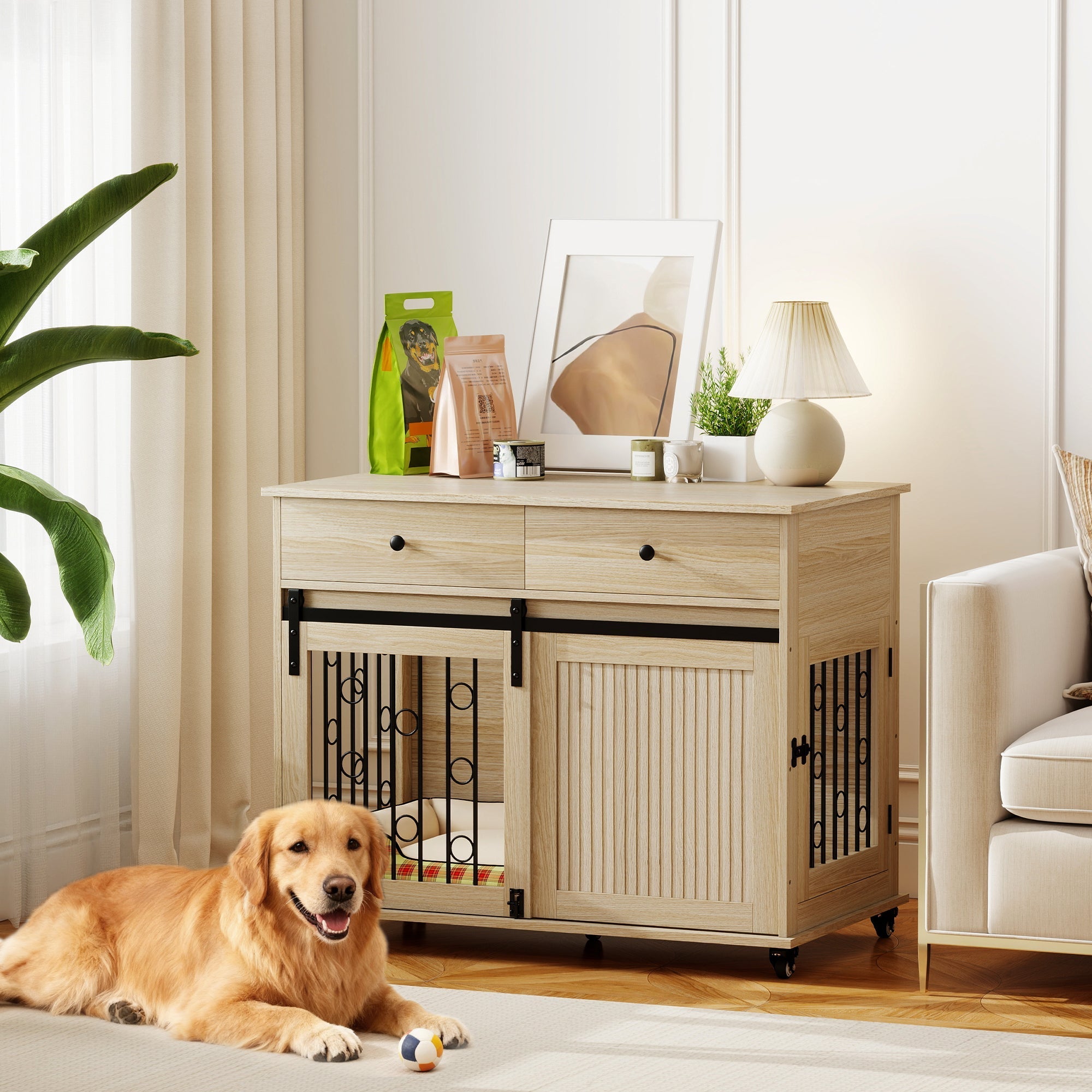 PawHut Dog Crate Furniture on Wheels, Dog Cage with 2 Drawers, Sliding Door, for Medium Large Dogs, Oak Tone