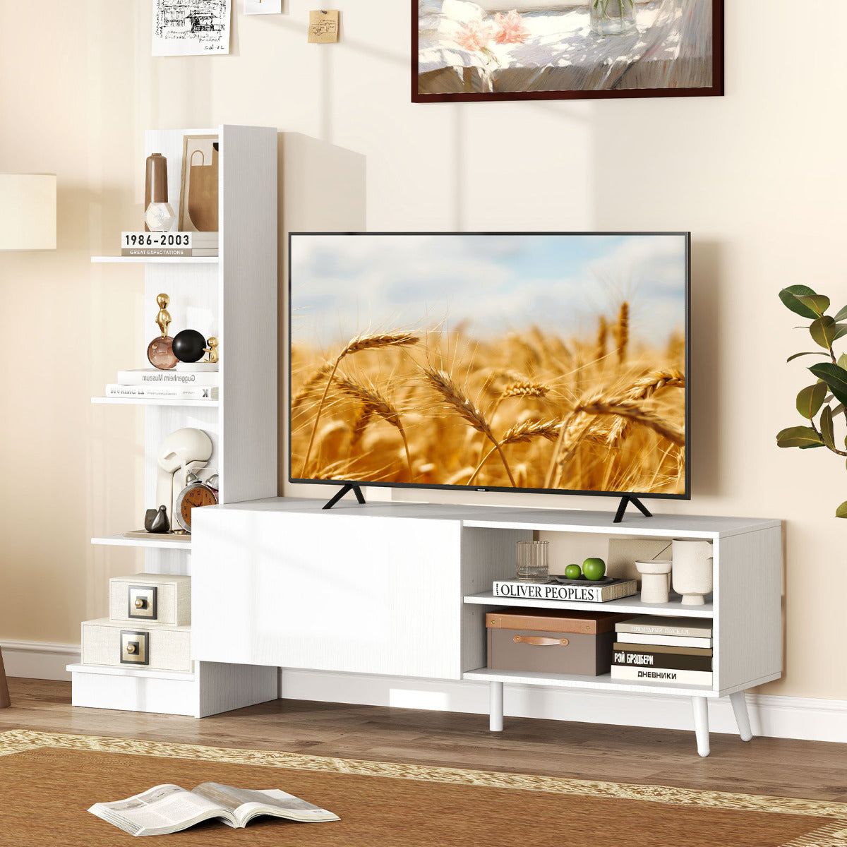 TV Stand for TVs up to 50 Inches with Adjustable Shelf for Living Room Bedroom-White