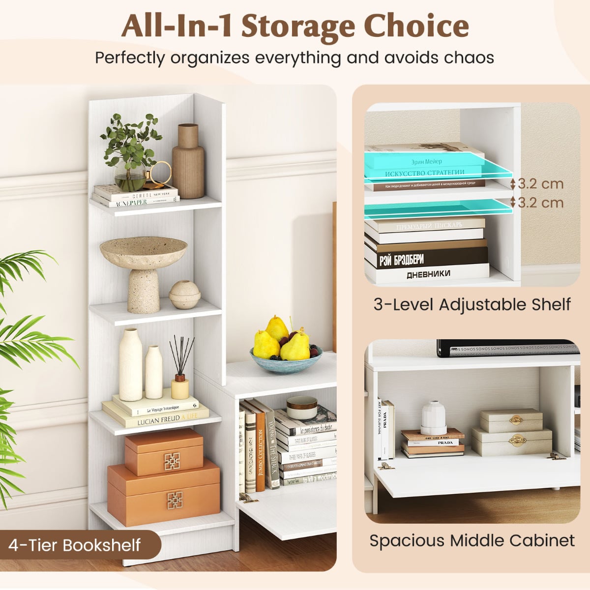 TV Stand for TVs up to 50 Inches with Adjustable Shelf for Living Room Bedroom-White