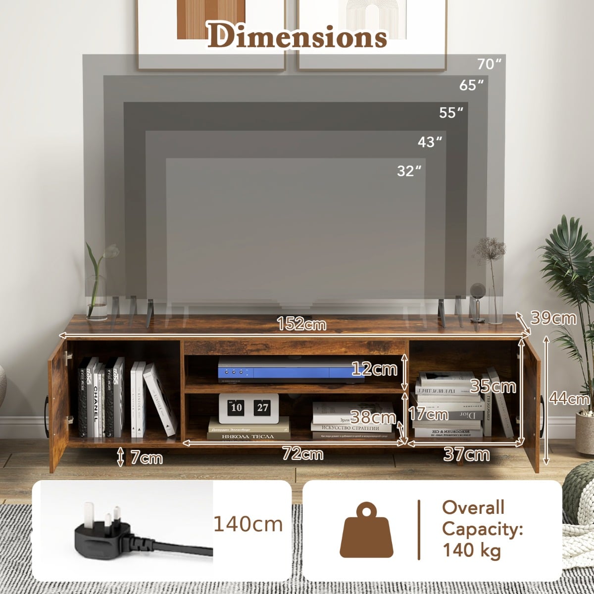 TV Stand for TVs up to 70 Inches with Power Outlet and 2 Cable Holes-Rustic Brown