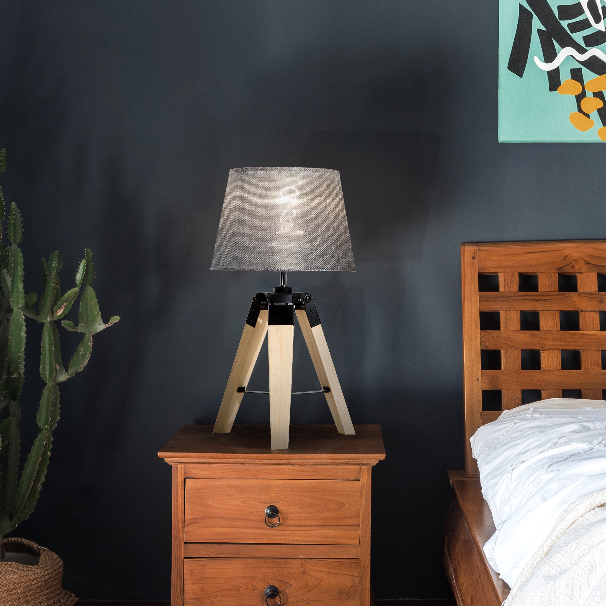 HOMCOM Wooden Tripod Table Lamp for Side, Desk or End Table with E27 Bulb Base√Ø¬ºÀÜGrey Shade√Ø¬º‚Ä∞