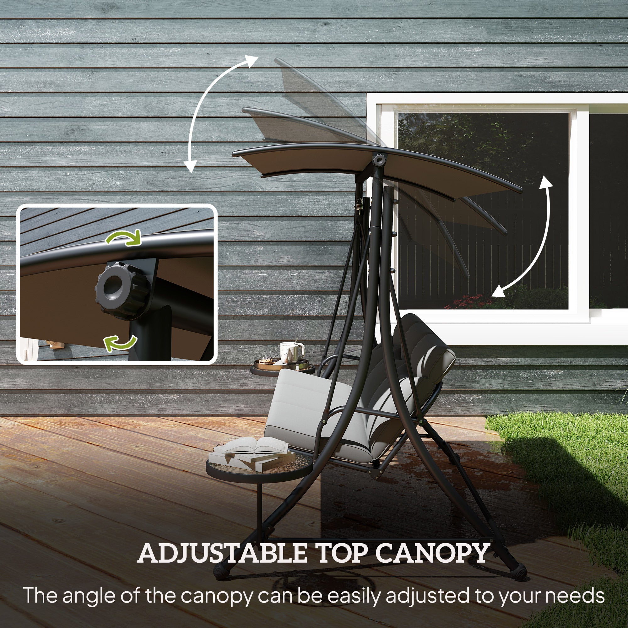 Outsunny Three-Seater Garden Swing, with Adjustable Canopy - Black/Grey