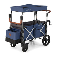Twin Baby Double Stroller Wagon push or pull stroller in blue with a canopy and storage pockets