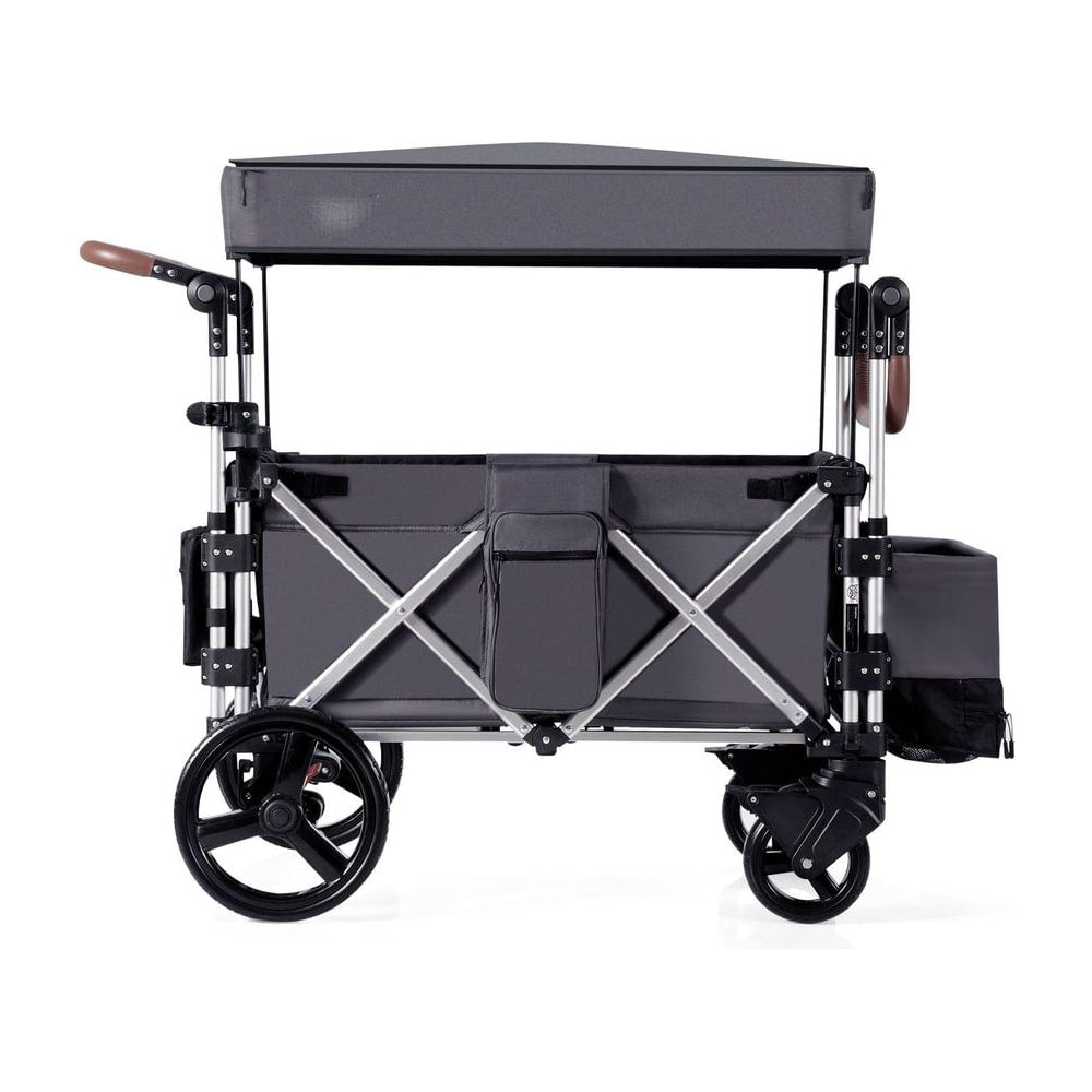 Twin Baby Double Stroller Wagon Push Pull Stroller-Gray with canopy extended and wheels visible