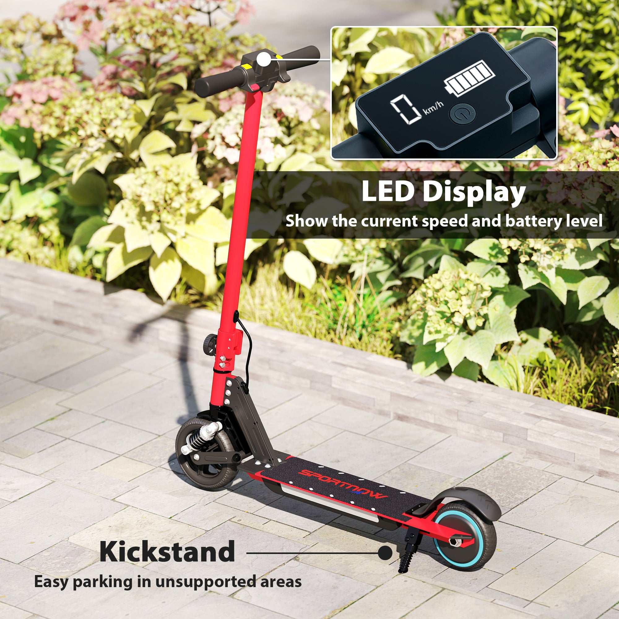 SPORTNOW Folding Electric Scooter for Kids, with Dual Brakes, Front Suspension, LED Colourful Lights, Red