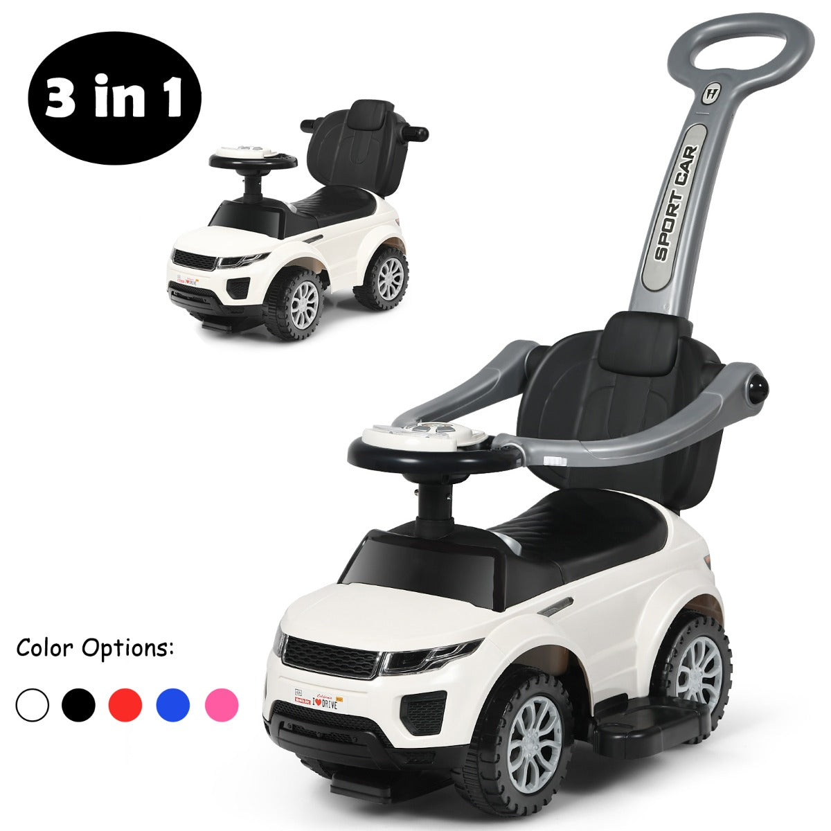 3 in 1 Ride on Push Car Stroller Sliding Walking Car-White