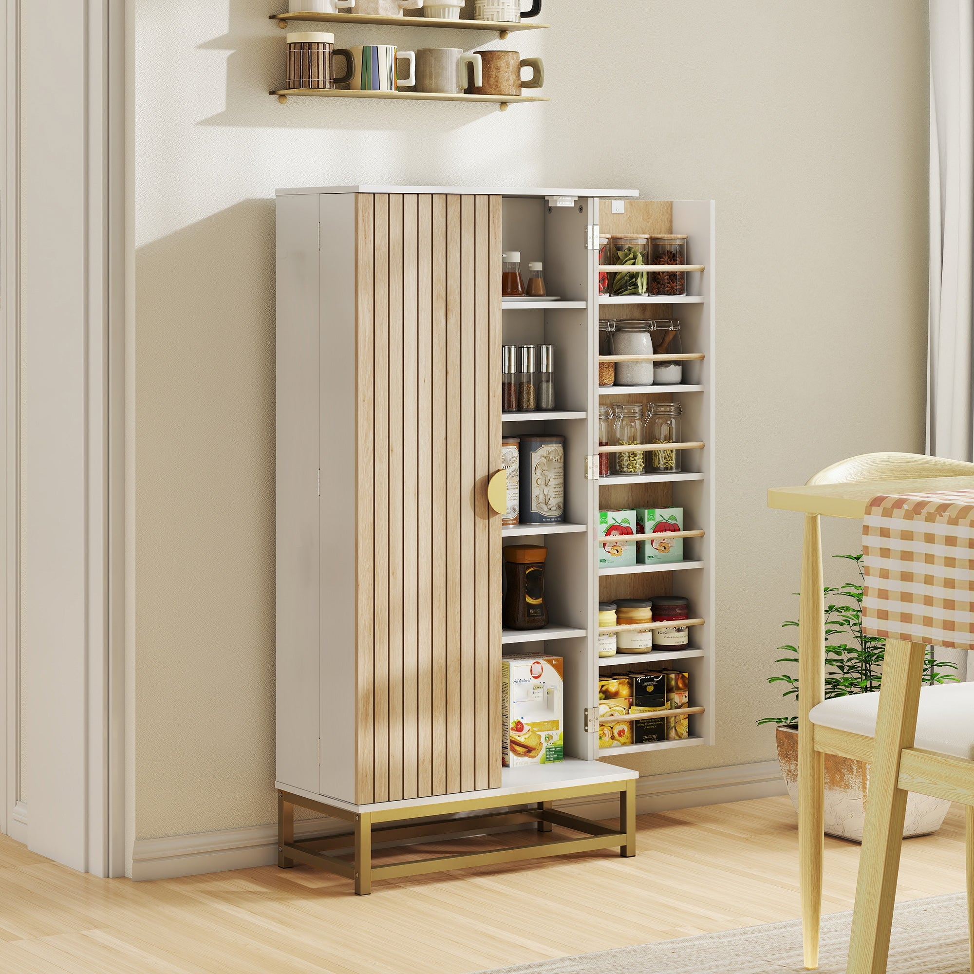 HOMCOM 119.5 cm Kitchen Cupboard, Freestanding Kitchen Cabinet with Double Doors, 5 Tiers, 12 Spice Racks, White