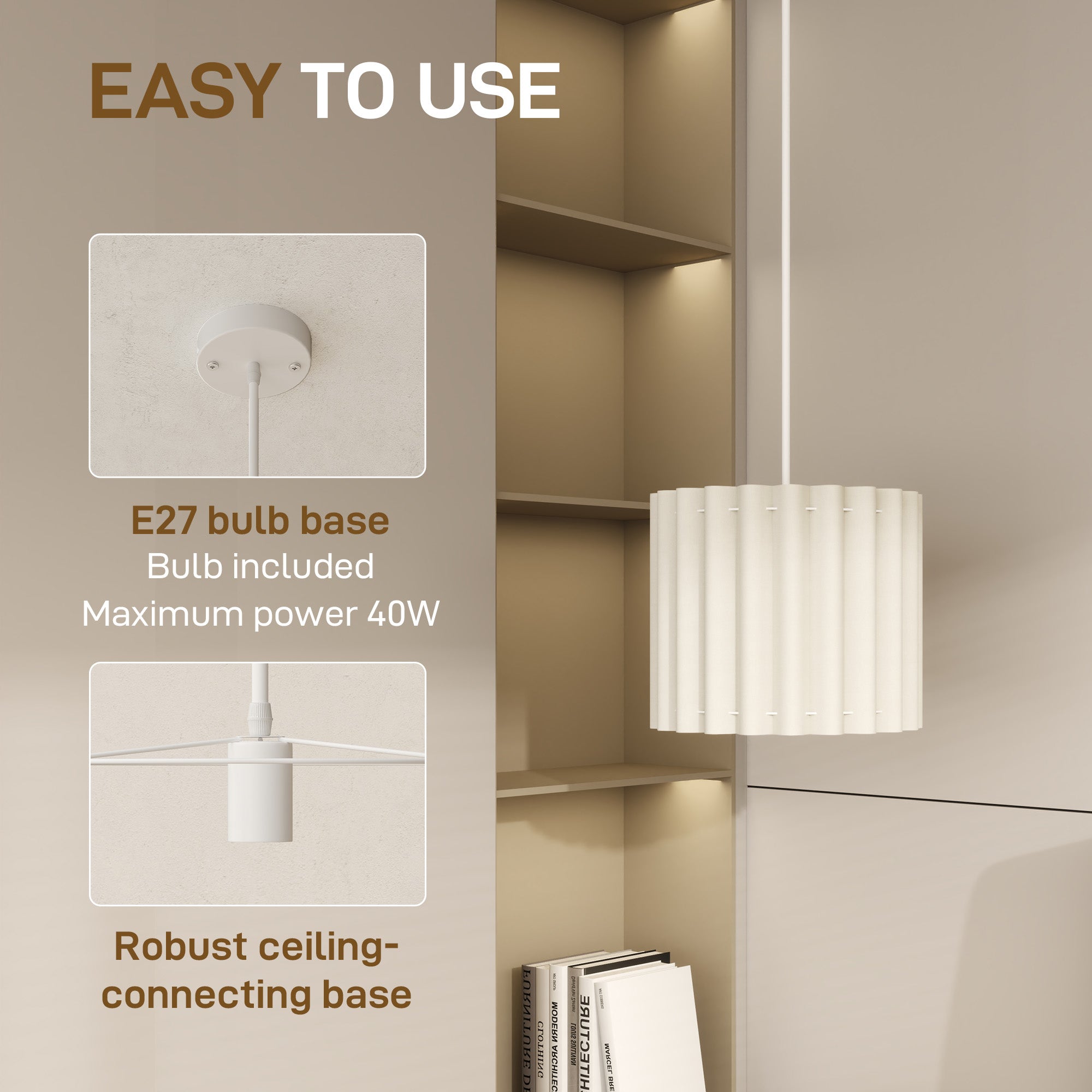 HOMCOM Linen Pendant Light, Modern Wave Ceiling Light Shade, E27 Lampshade for Living Room, Bedroom, Kitchen, Hallway, White