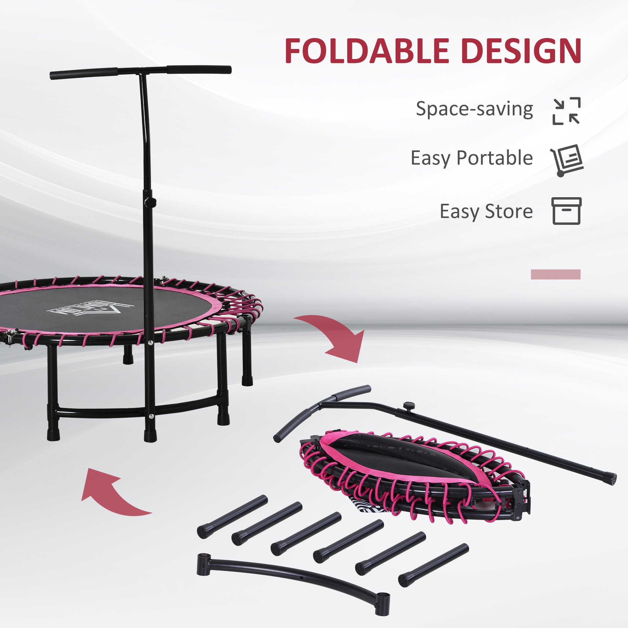 HOMCOM Mini Round Steel Frame Trampoline w/ Adjustable Handle, Pink