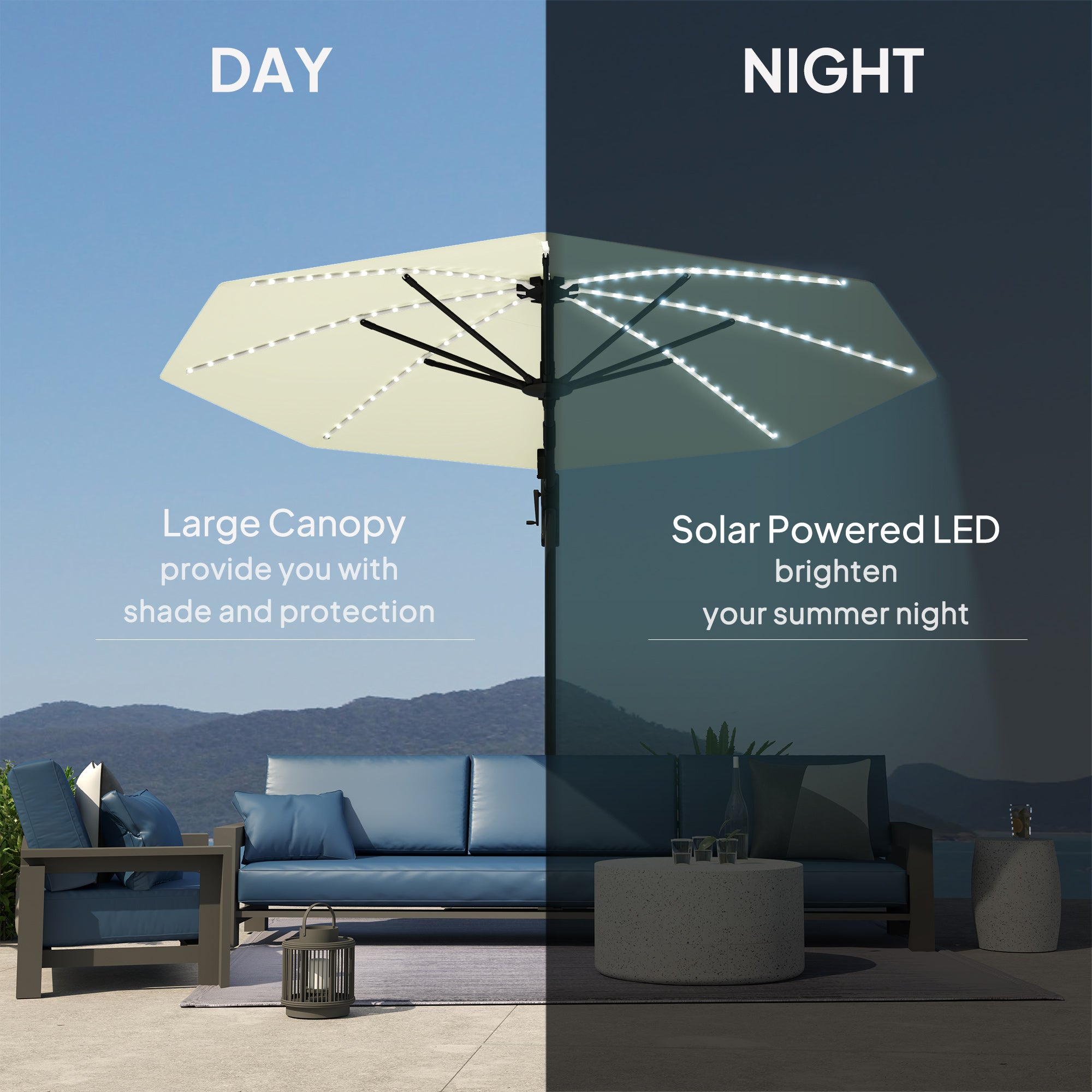 Outsunny 3(m) Cantilever Garden Parasol with Solar Powered Lights, Crank Handle & Cross Base, UPF 50+, 360√Ç¬∞ Rotation, Cream