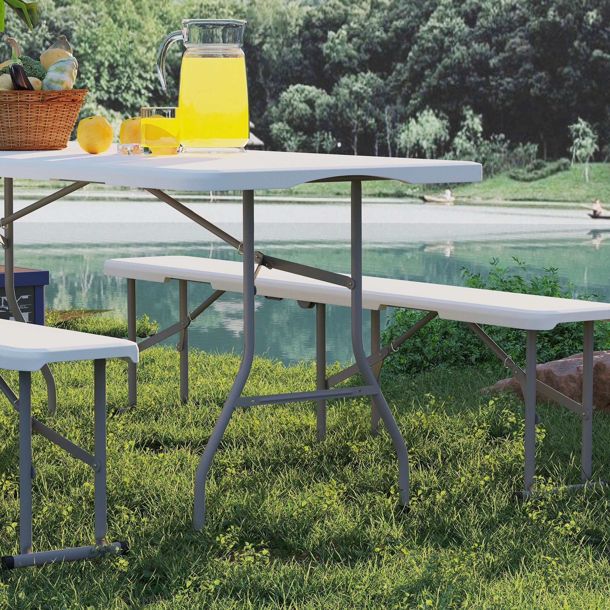 Outsunny Three-Piece Folding Picnic Table and Bench Set - White