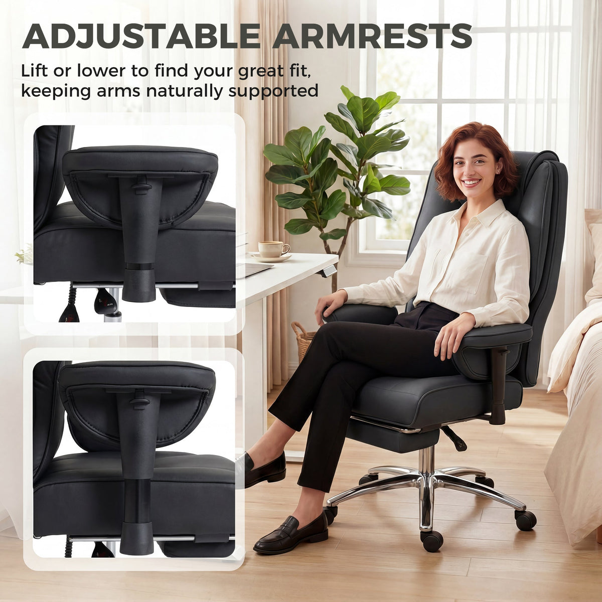 HOMCOM Executive Office Chair, Reclining Desk Chair with Footrest, Adjustable Armrests, Pet Friendly Faux Leather, Black