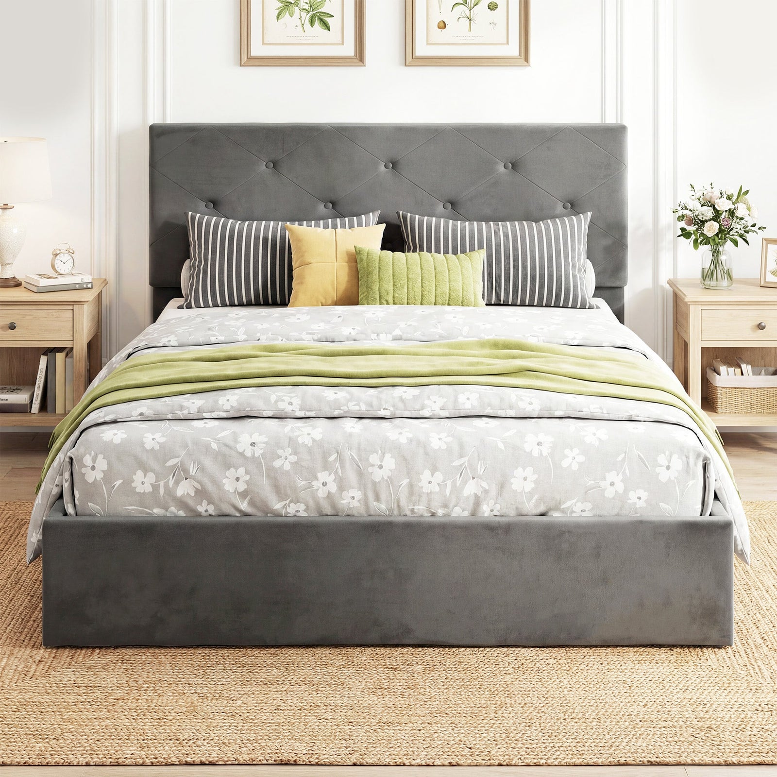HOMCOM King Size Bed Frame Gas End Lift Under Bed Storage Upholstered Platform Bed Tufted Headboard for 150 x 200 cm Mattress