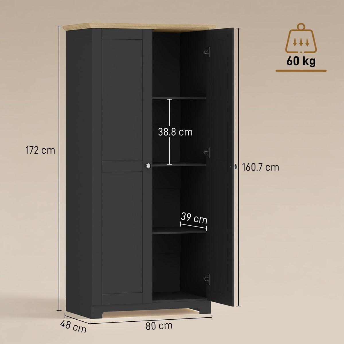 HOMCOM Kitchen Cupboard, 172cm Freestanding Storage Cabinet with Doors and Shelves, Black