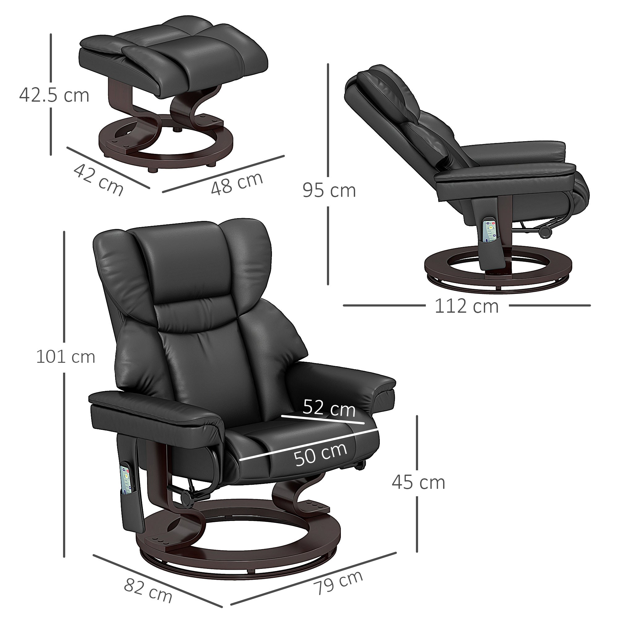 HOMCOM Massage Recliner Chair with Footstool, Upholstered Reclining Armchair with Adjustable Backrest, Steel Frame and Wood Base, Swivel Chair for Living Room, Bedroom, Black
