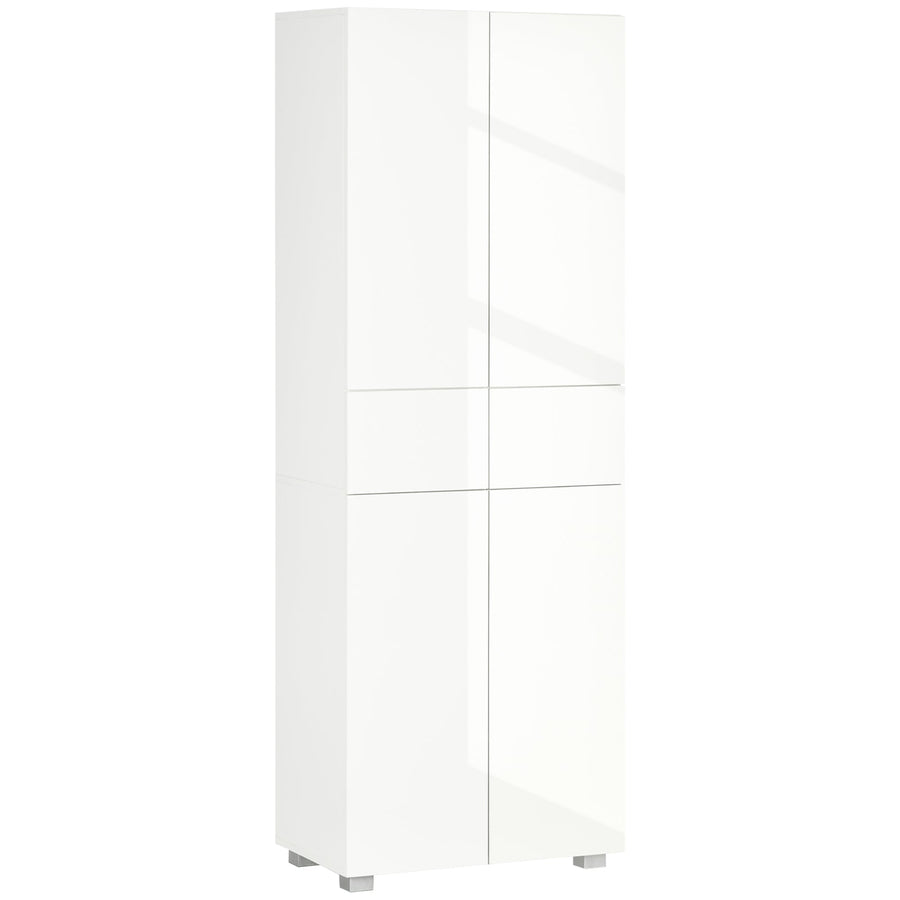 HOMCOM 4-Door Kitchen Cupboard, Tall Freestanding 5-Tier Storage Cabinet with 3 Adjustable Shelves, 2 Drawers for Living Room, Dining Room, Push to Open Design, High Gloss White