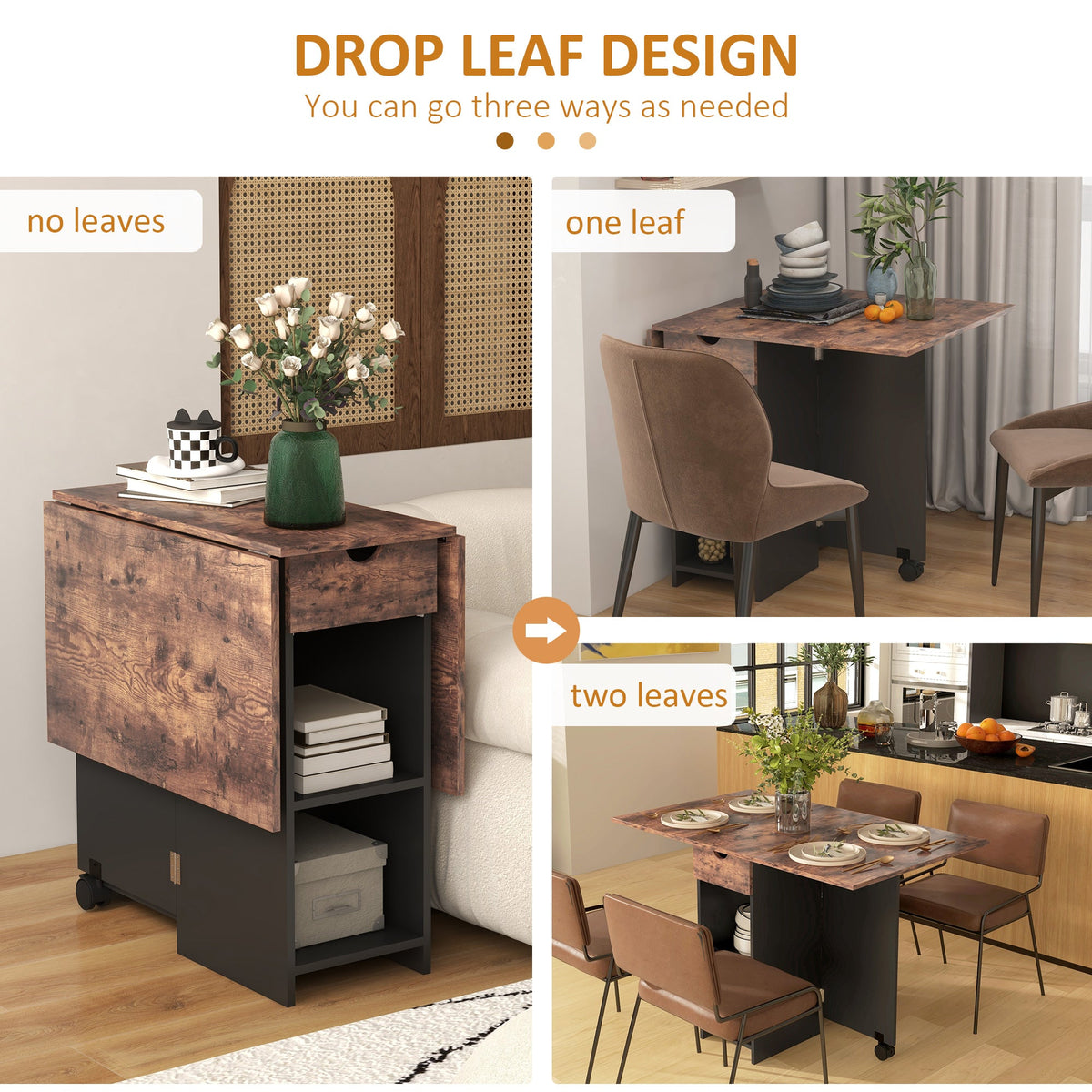 HOMCOM Folding Dining Table, Drop Leaf Table for Small Spaces, Foldable Table with Drawer and Storage Shelves for Kitchen, Dining Room, Rustic Brown