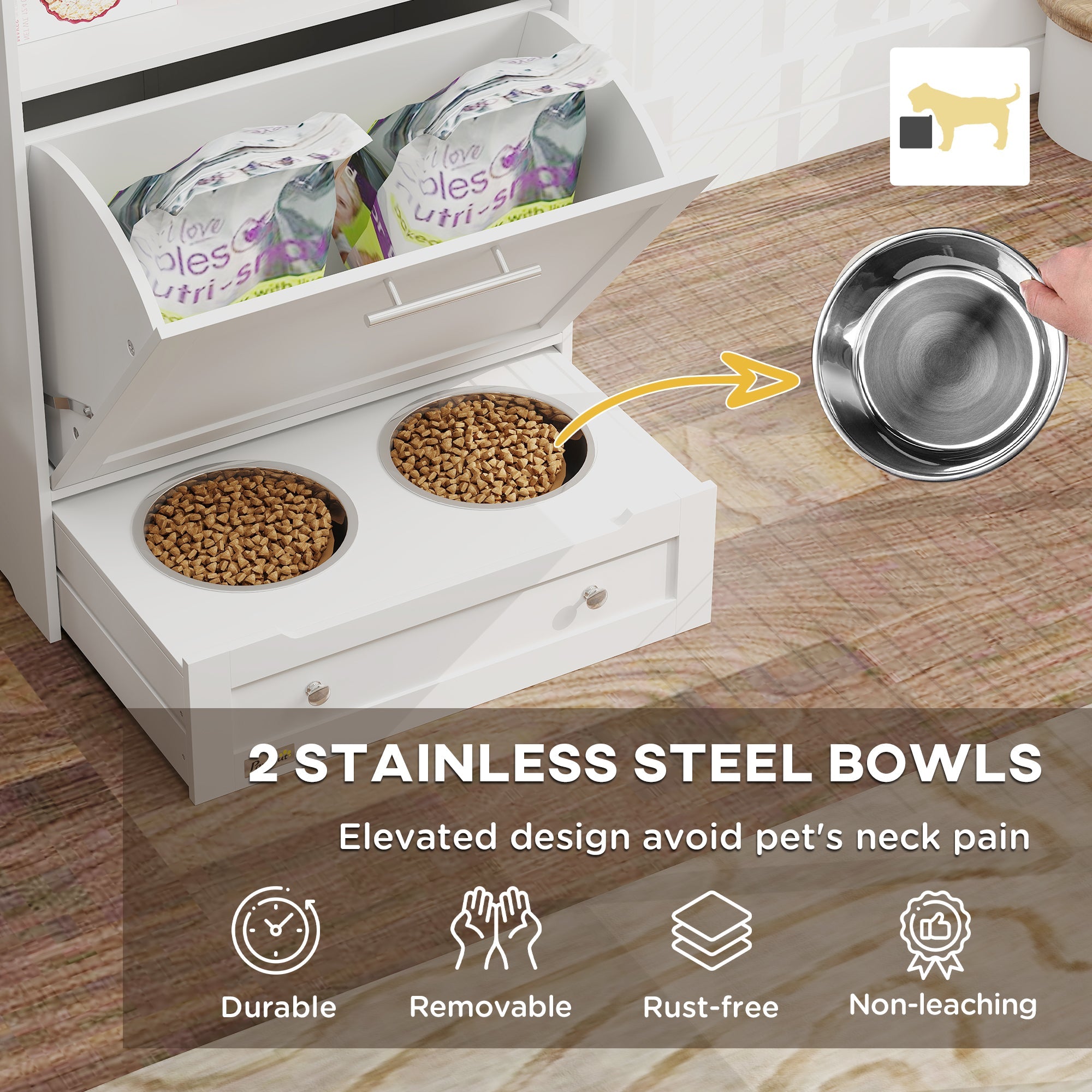 PawHut Pet Feeder Station, Dog, Cat Storage Container, with Raised Bowls, Hanger, Cabinet - White