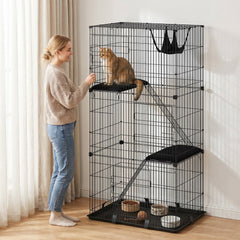 PawHut 3-Tier Large Cat Cage Indoor, Detachable Metal Wire Kennel with Hammock, Platforms, Tray and Cushions for 1-2 Kittens