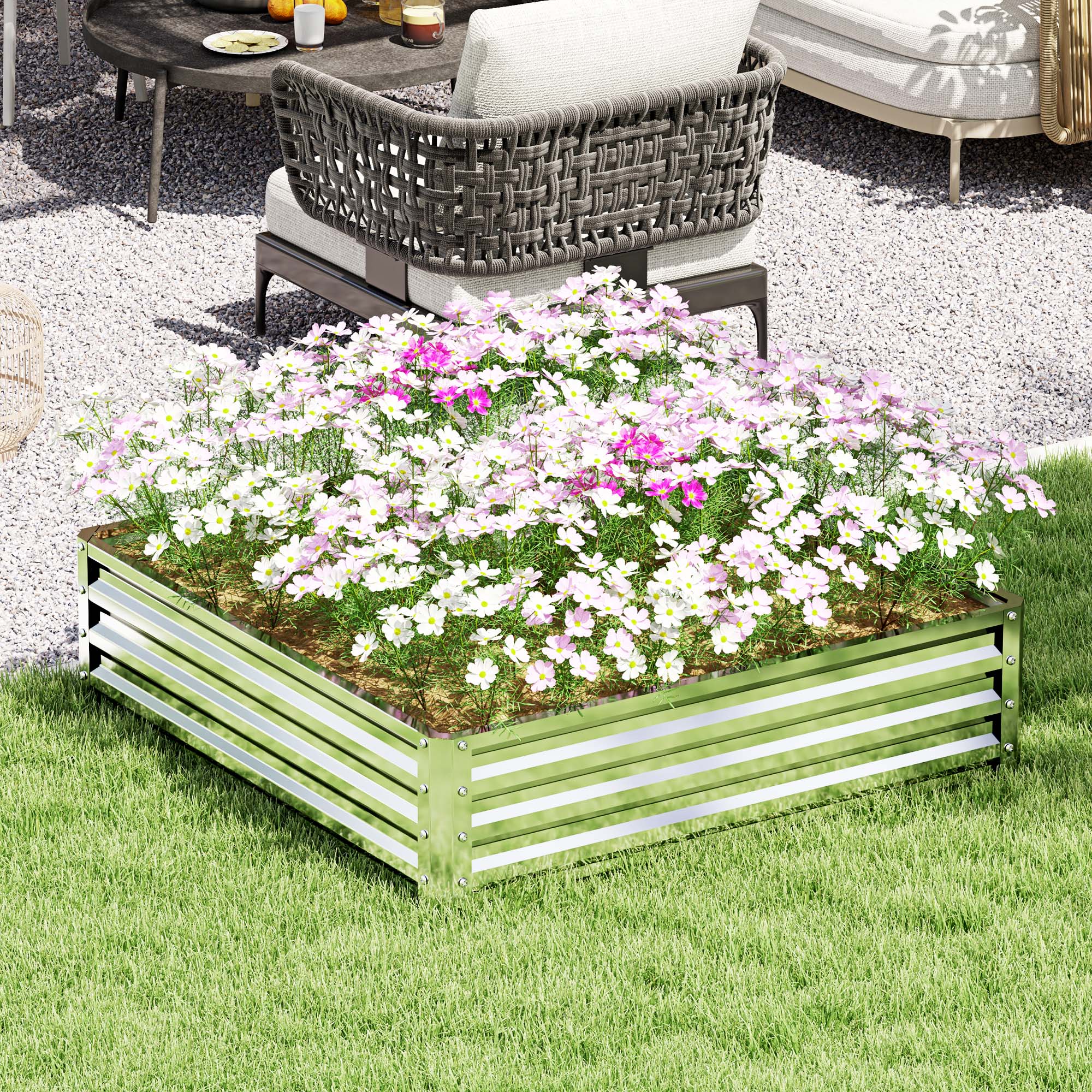 Outsunny Square Raised Garden Bed Box with Weatherized Steel Frame for Vegetables, Flowers, & Herbs, 120 x 120 x 30cm, Silver Tone