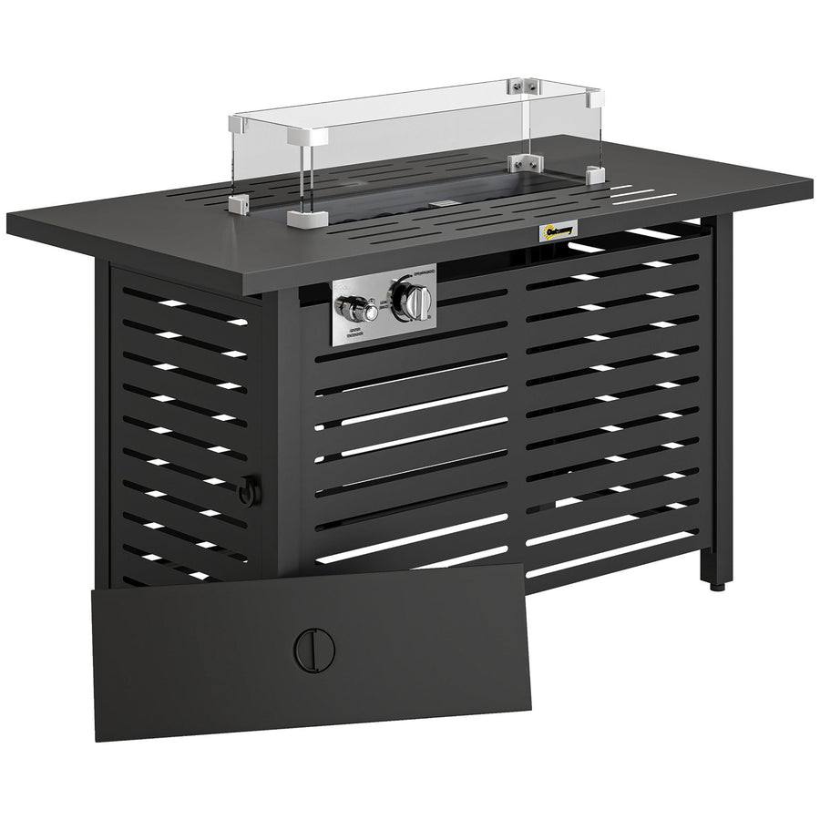 Outsunny Propane Gas Fire Pit Table, Outdoor Firepit with 43" Steel Tabletop and Lid, 50,000 BTU Pulse Ignition Fire Table w/ Stainless Steel Burner, Glass Wind Guard, and Cover