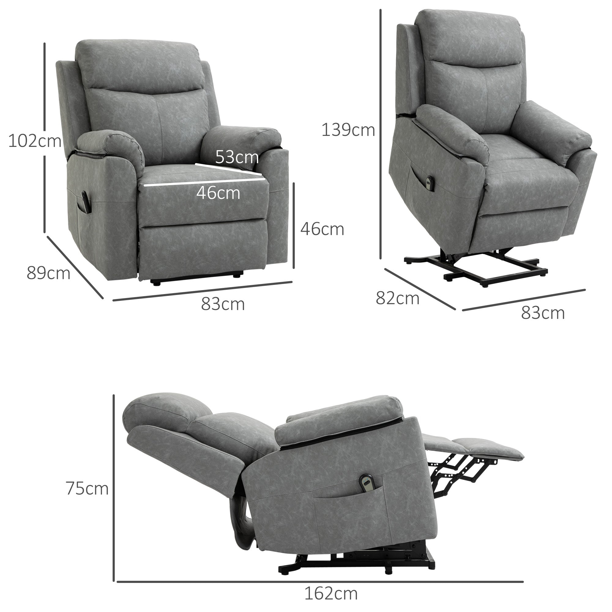 HOMCOM Faux Leather 70 Electric Riser Recliner Chair - Grey