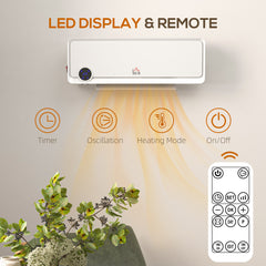 HOMCOM Wall Downflow Heater 2 Heat and Fan 1000W/2000W, Electric Space Heater with Timer Remote Oscillating, for Bedroom Home Office, White