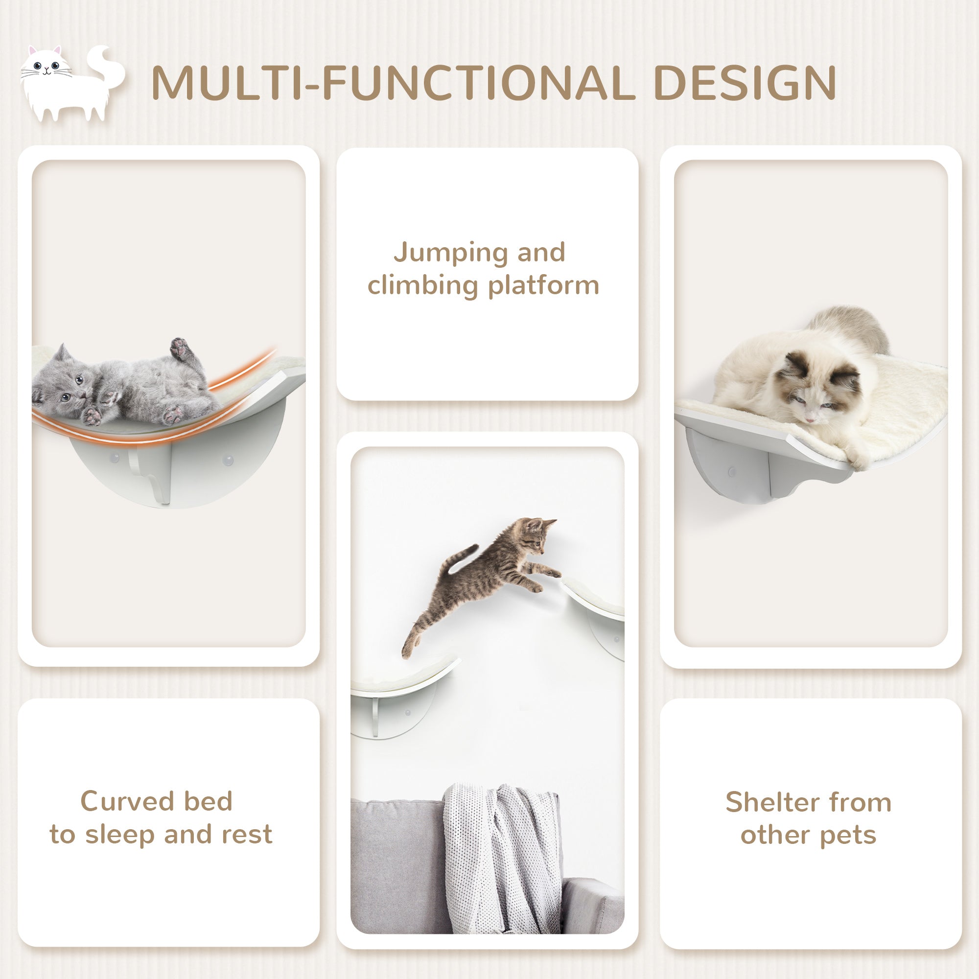 PawHut Wood Cat Shelves, Wall-Mounted Cat Shelter, Curved Kitten Bed Perch Climber Furniture 41 x 28 x 21cm White