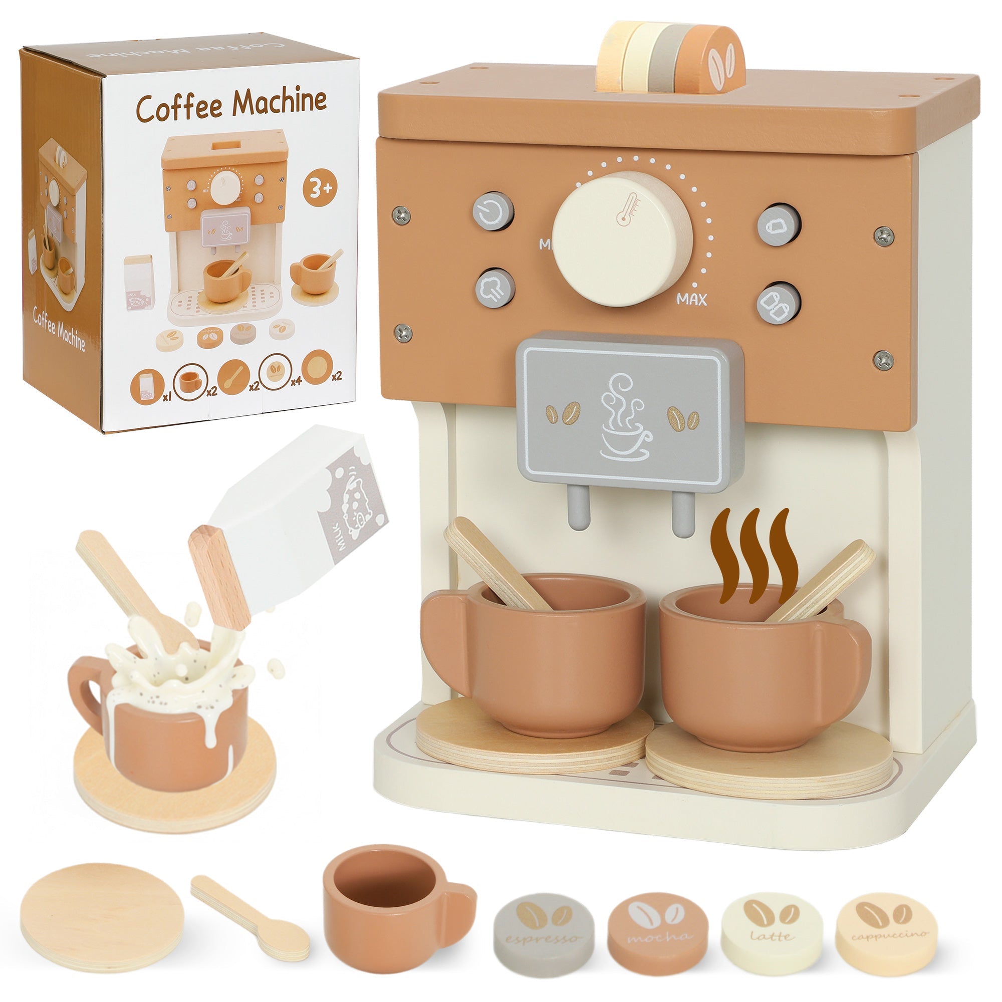 AIYAPLAY Kids Wooden Coffee Machine Toy, Pretend Play Kitchen Accessories Gift for Boys and Girls Ages 3+