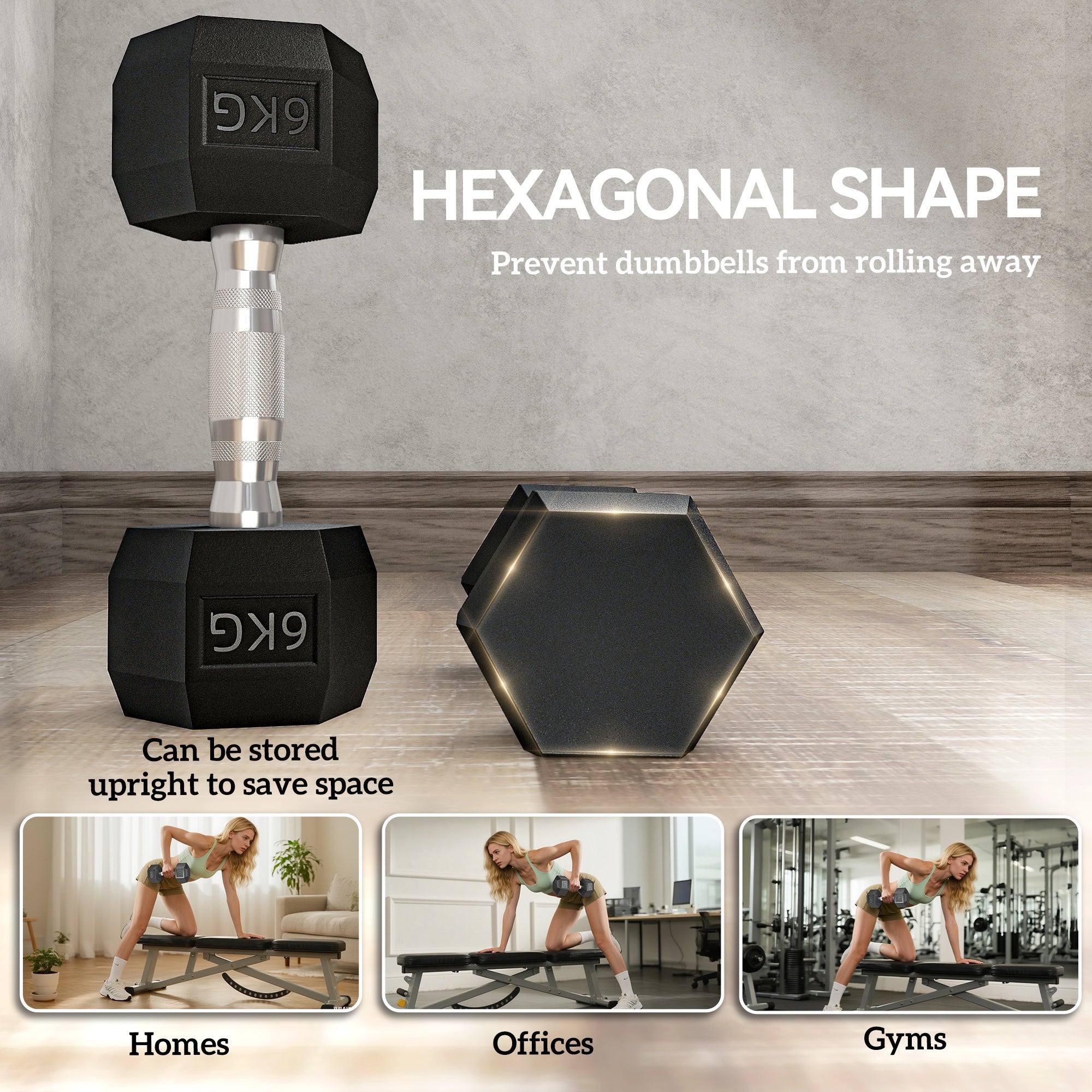 HOMCOM 2x6kg Hex Dumbbells Set Rubber Dumbbells Weight Lifting Equipment Fitness Home Gym