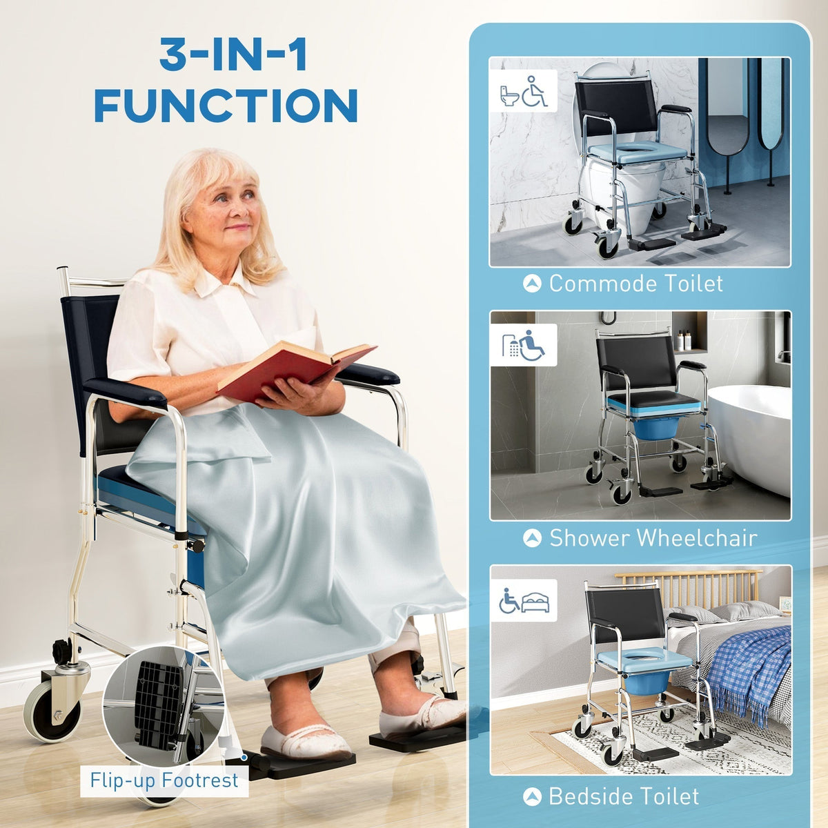 HOMCOM 3-In-1 Commode Wheelchair - Black