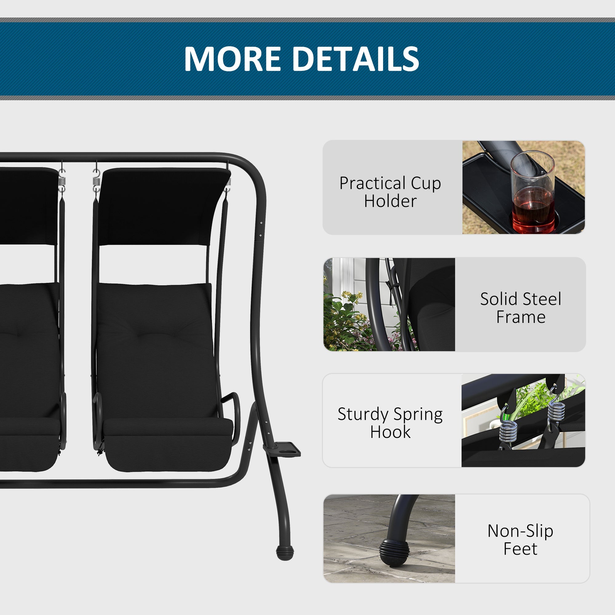 Outsunny Two-Seat Garden Swing Chair, with Protective Canopy - Black